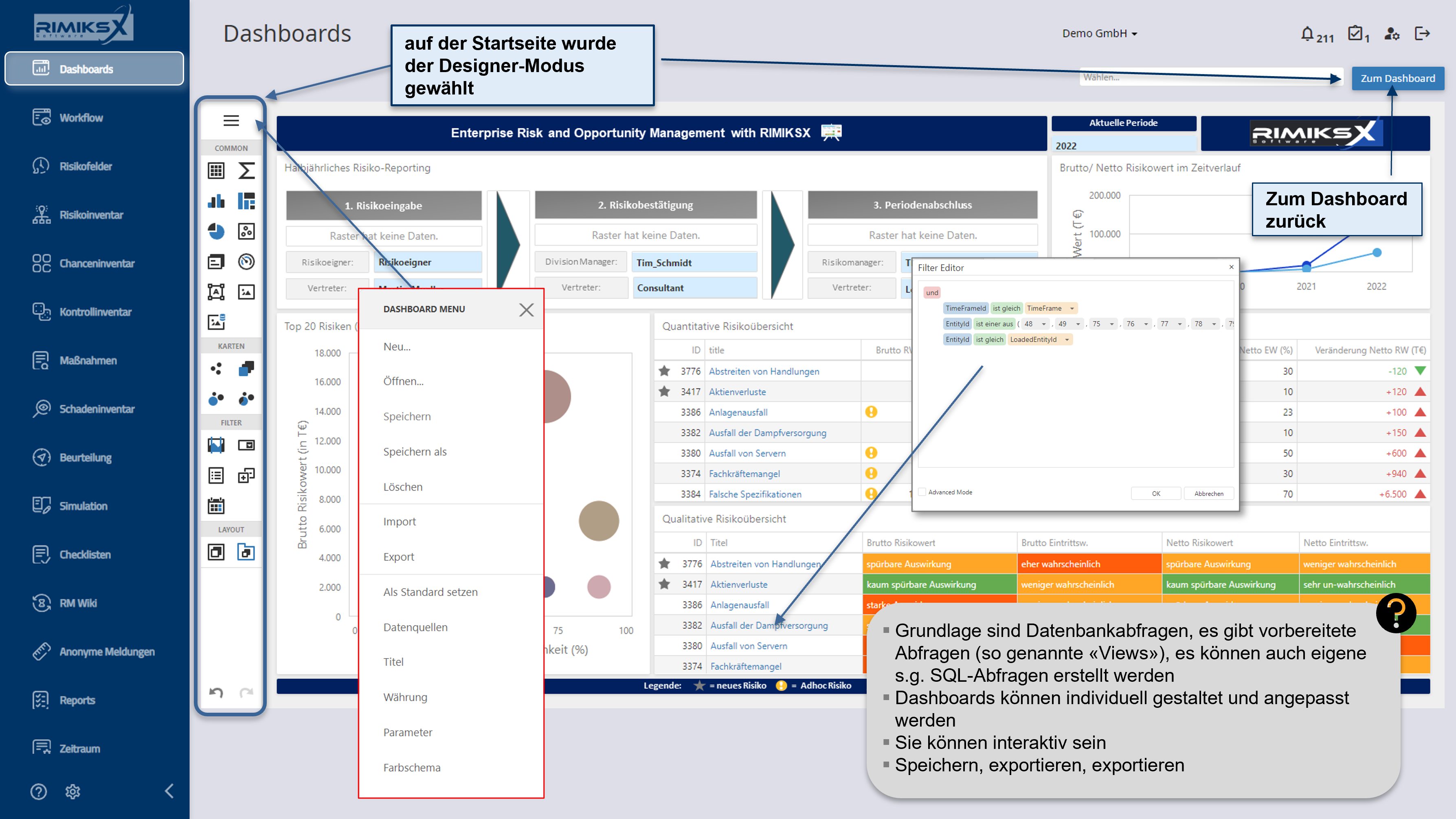 RIMIKSX Dashboard Designer-Modus: Anpassung und Erstellung von interaktiven Dashboards mit Datenbankabfragen, Karten, Filtern und Layouts. Funktionen zum Speichern, Exportieren und Setzen als Standard.