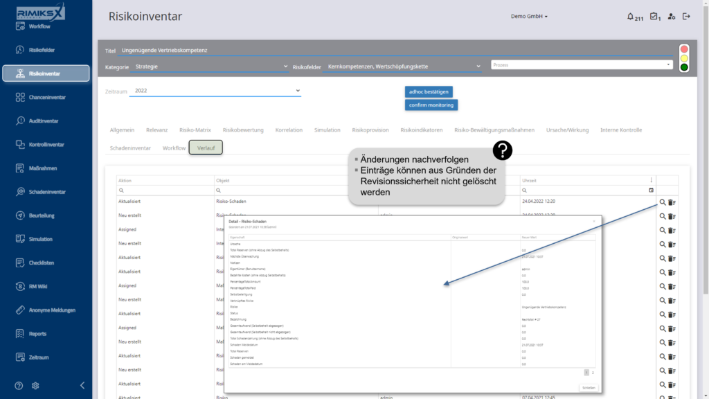 RIMIKSX Änderungsverlauf: Übersicht der Änderungen an Risiken, inklusive Details zu jedem Schritt. Änderungen können aus Revisionsgründen nicht gelöscht werden, um die Nachverfolgbarkeit sicherzustellen.