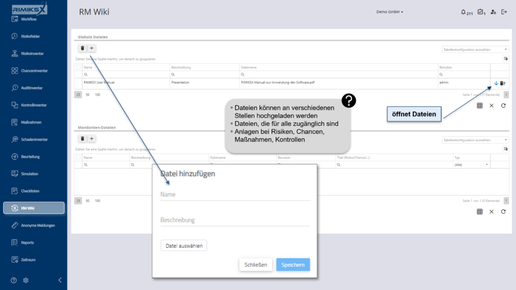 RIMIKSX RM Wiki: Verwaltung und Upload von globalen und mandantenbezogenen Dateien für zentrale Dokumentation und Informationsbereitstellung.