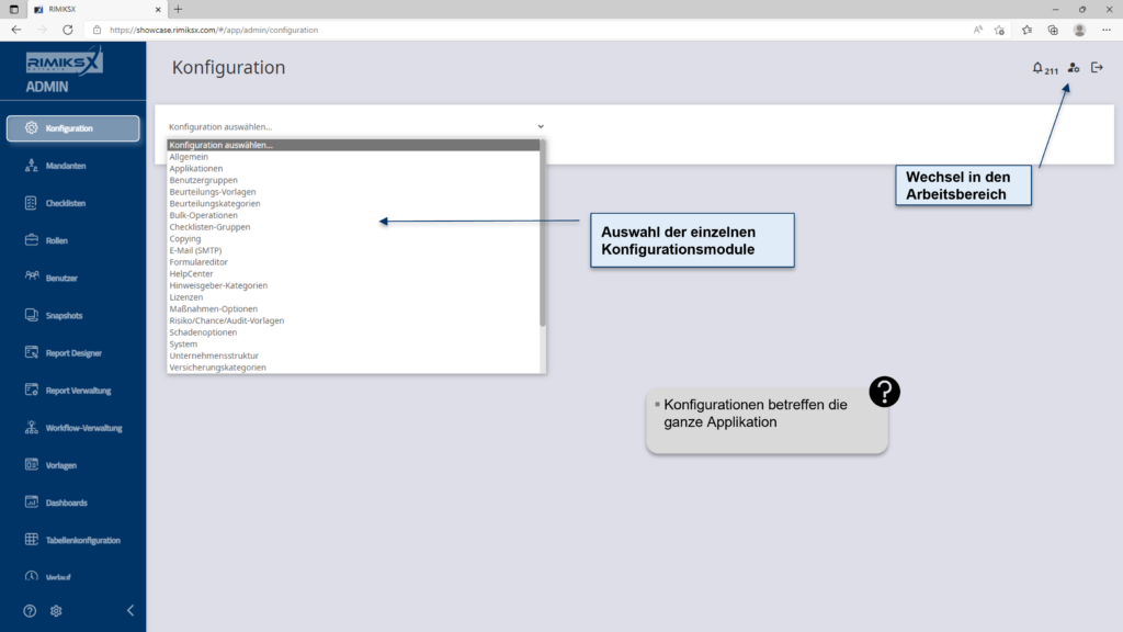 RIMIKSX Konfiguration: Verwaltung und Anpassung von Modulen wie Checklisten, Mandanten und Benutzer zur Optimierung der Anwendung.