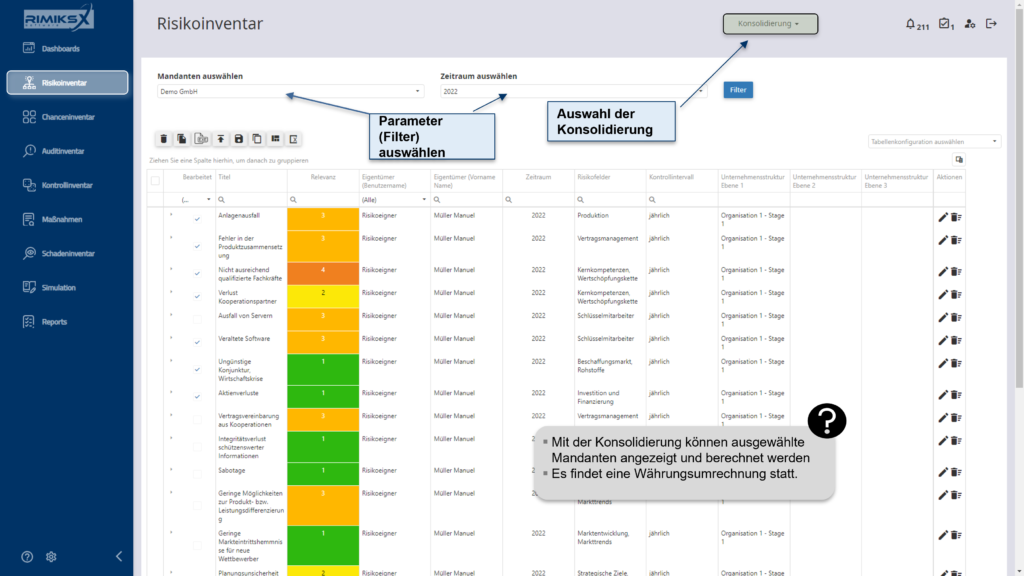 RIMIKSX Risikoinventar: Konsolidierung von Mandanten mit automatischer Währungsumrechnung zur standardisierten Risikodarstellung.