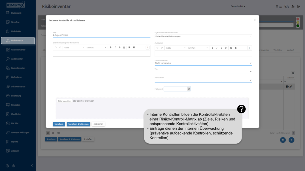 RIMIKSX interne Kontrolle: Erfassung und Verwaltung von Kontrollaktivitäten mit Details zu Titel, Beschreibung, Intervallen und verantwortlichen Benutzern.