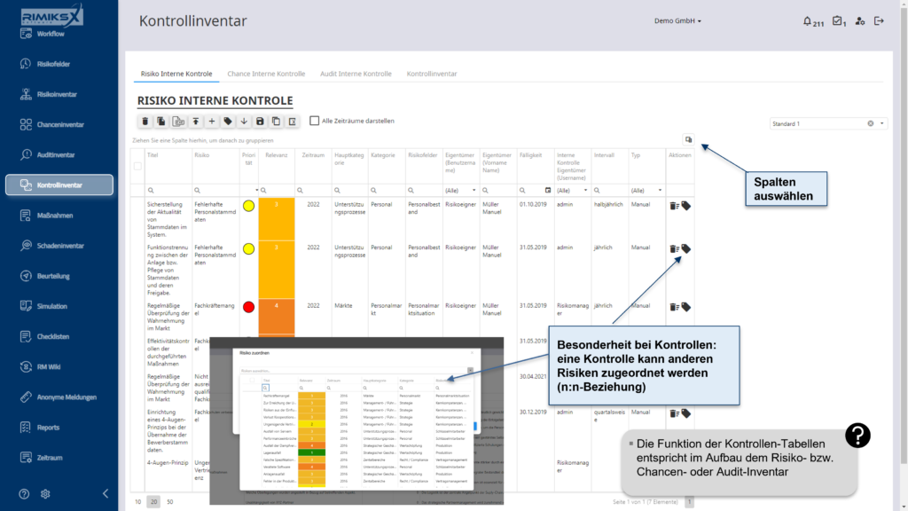erwaltung und Zuordnung interner Kontrollen mit Details zu Risiko-Zuordnungen, Intervallen, Typen und Verantwortlichkeiten.