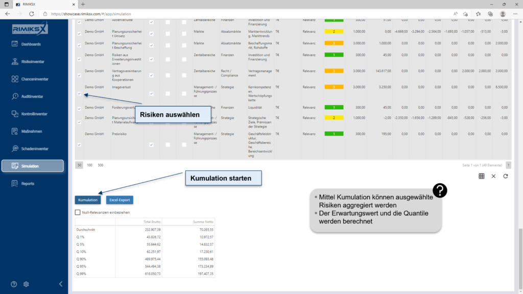 RIMIKSX Simulation: Aggregation und Kumulation von Risiken mit Mittelwert- und Quantilberechnung sowie Excel-Export-Funktion für detaillierte Analysen.