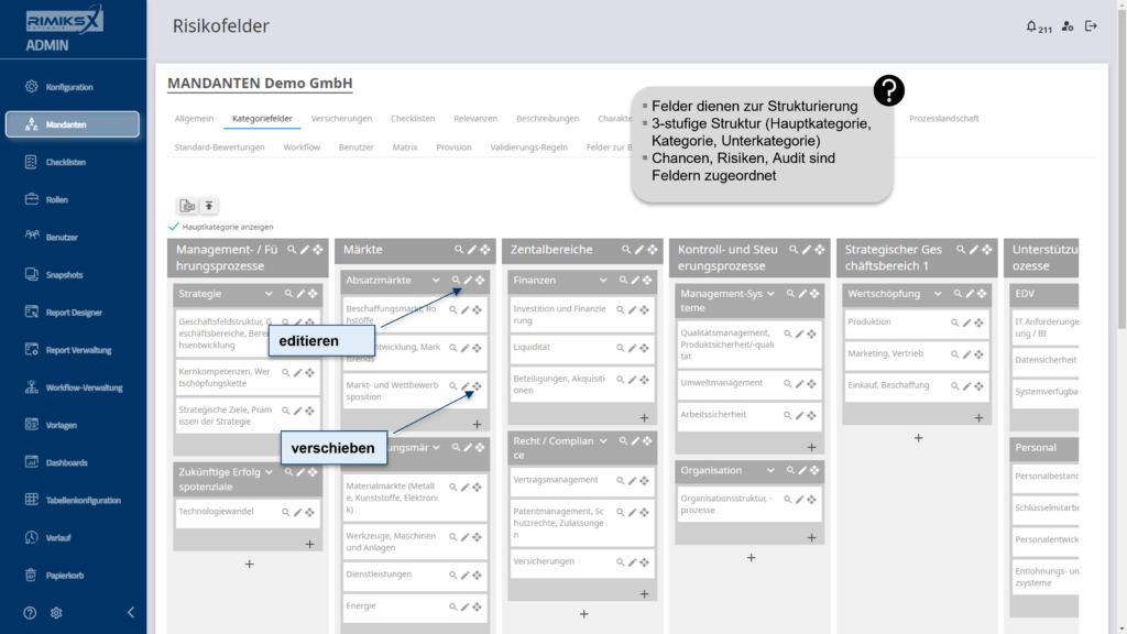 RIMIKSX Konfiguration der Risikofelder: Verwaltung und Anpassung von Kategorien und Unterkategorien zur Strukturierung und Übersicht im Risikomanagement.