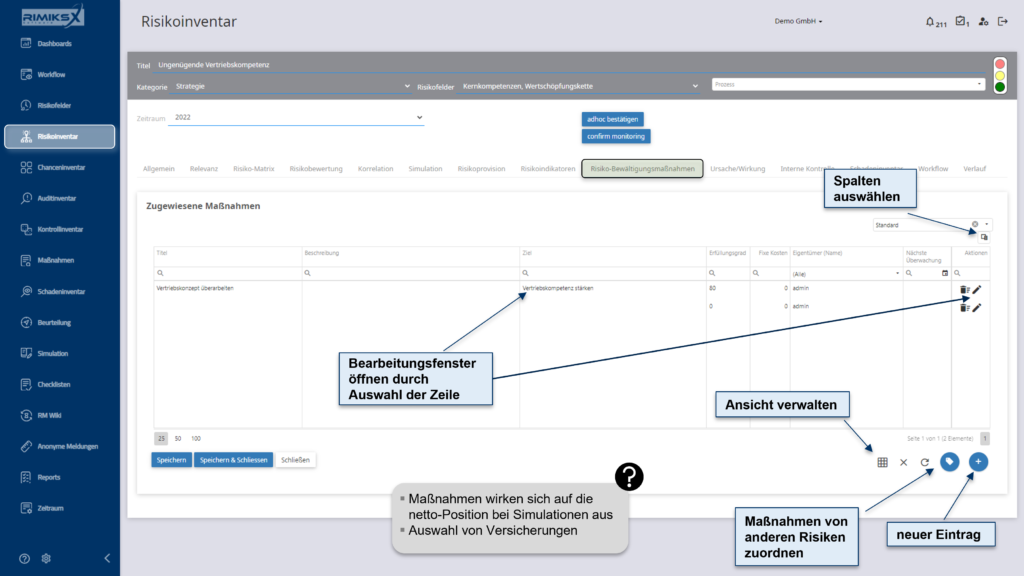 RIMIKSX Maßnahmenübersicht: Zuweisung und Bearbeitung von Maßnahmen zur Risikosteuerung, mit Optionen zur Übernahme von Maßnahmen aus anderen Risiken und Überwachung des Erfüllungsgrads.