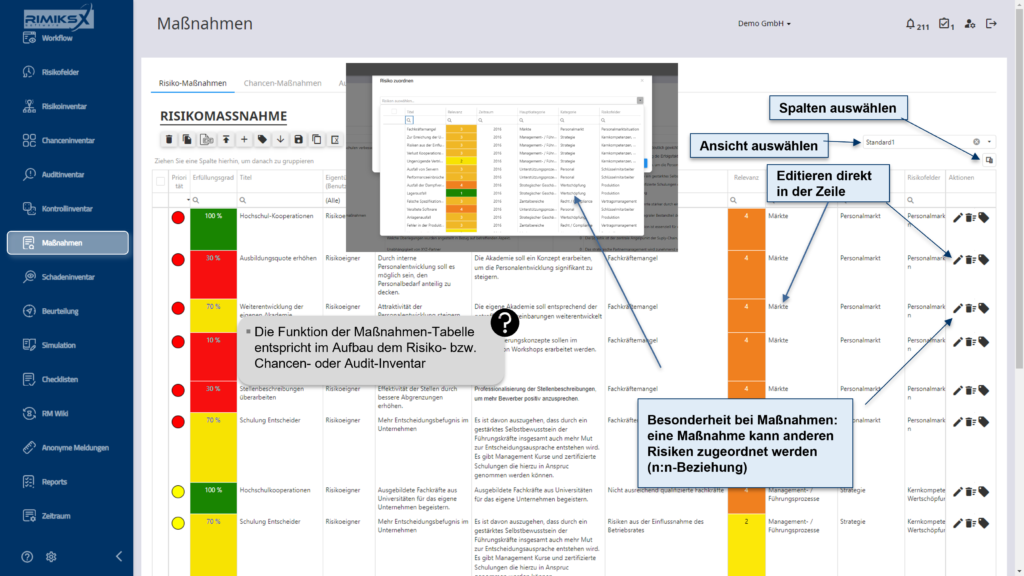 Verwaltung und Bearbeitung von Maßnahmen mit direkter Zuordnung zu mehreren Risiken und Inline-Editierung.