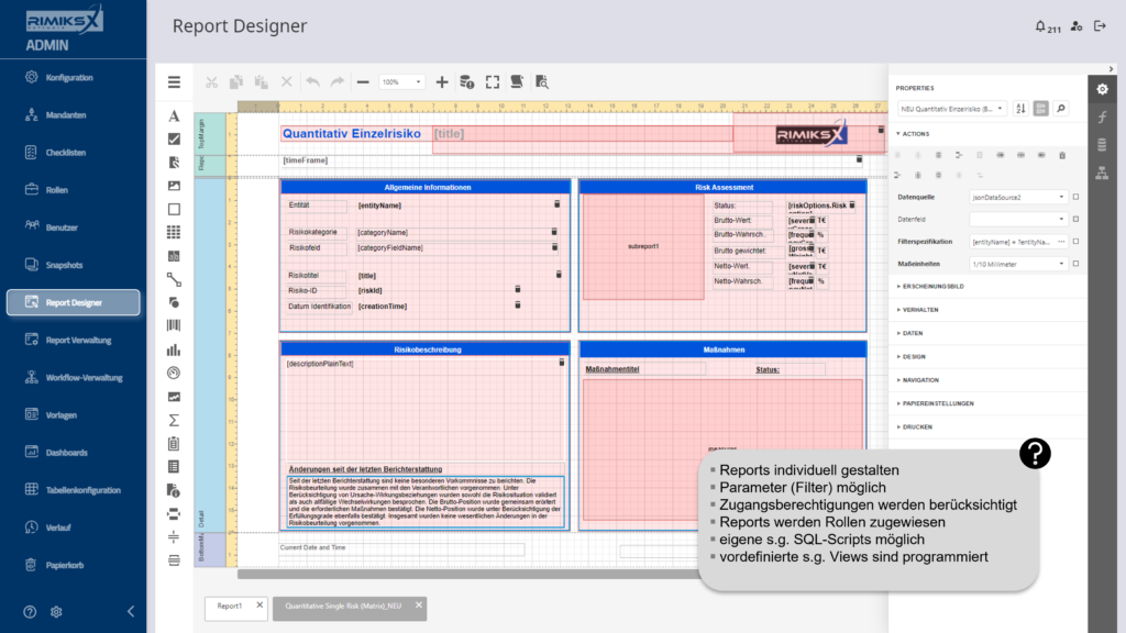 Report Designer in RIMIKSX: Individuelle Gestaltung von Berichten, Einfügen von Filtern, Berücksichtigung von Zugangsberechtigungen und Integration von SQL-Skripten.