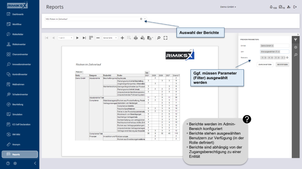 RIMIKSX Berichte: Konfiguration, Filterung und Zugänglichkeit für Benutzer basierend auf Zugriffsrechten und definierten Parametern.
