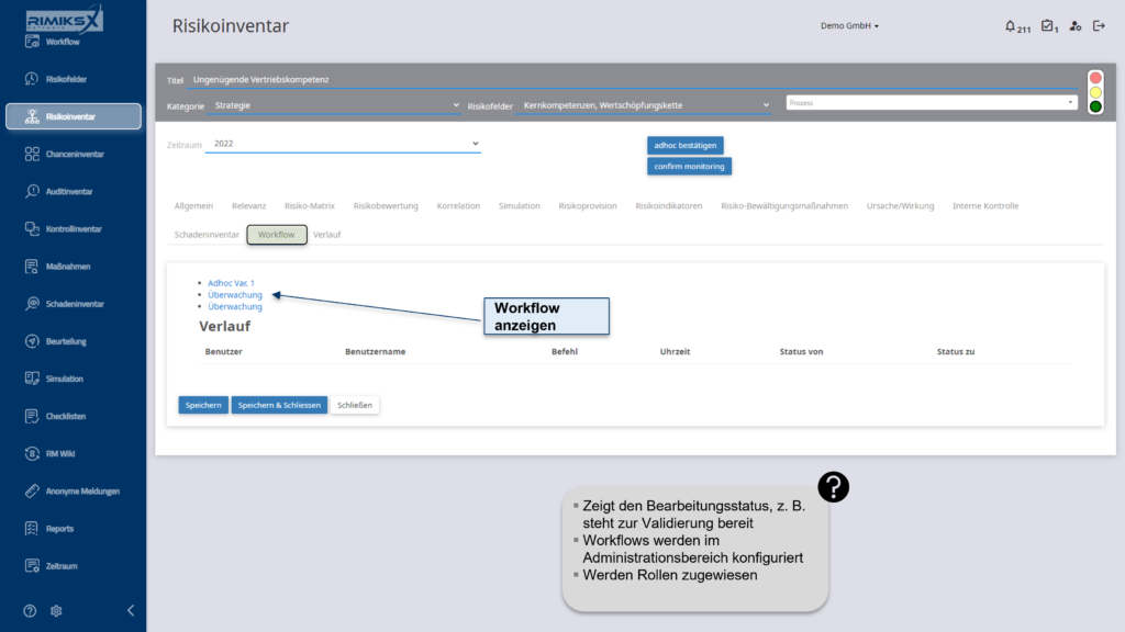 RIMIKSX Workflow-Übersicht: Anzeige des Bearbeitungsstatus von Risiken mit konfigurierten Workflows, die spezifischen Rollen zur Überwachung und Bearbeitung zugewiesen werden.