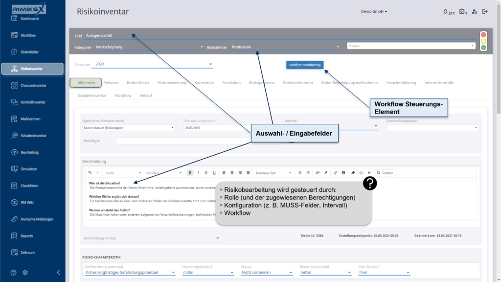 Bearbeitung von Risiken mit Eingabefeldern, Workflow-Steuerung und rollenbasierter Konfiguration.