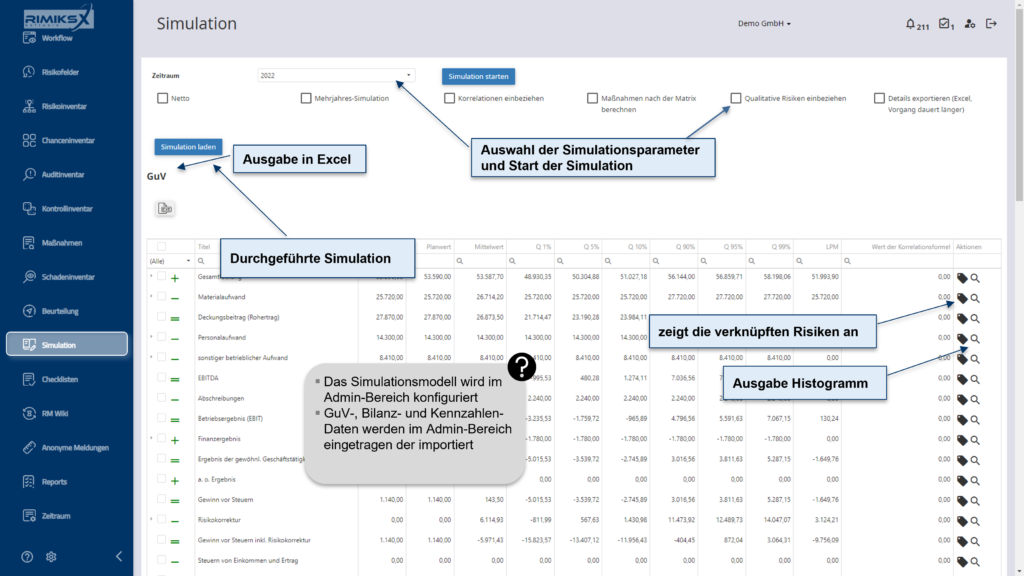 Durchführung und Auswertung von Simulationen mit exportierbaren Ergebnissen und anpassbaren Parametern zur Risikoanalyse.