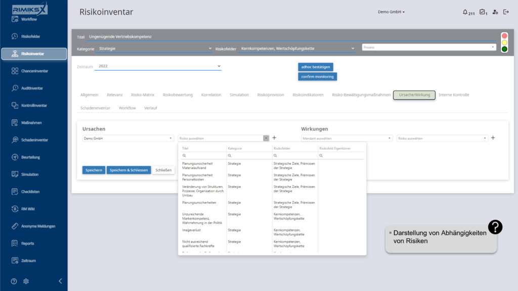 RIMIKSX Ursache-Wirkung-Ansicht: Detaillierte Darstellung der Abhängigkeiten von Risiken, Auswahl von Ursachen und Wirkungen zur Unterstützung der Risikoanalyse.