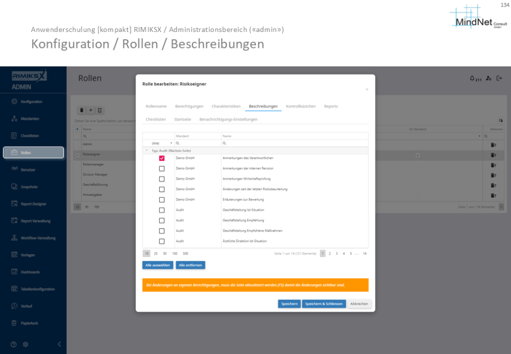 Administrationsbereich zur Zuweisung von Beschreibungen an Rollen in RIMIKSX. Die Ansicht zeigt eine Liste von Beschreibungseinträgen für verschiedene Audit-Typen und Mandanten, die einer Rolle zugeordnet werden können.