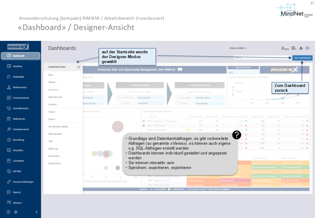 RIMIKSX Dashboard Designer-Ansicht: Anpassung und Erstellung von Dashboards mit interaktiven Funktionen zur Konfiguration von Layout, Parametern und Farbschemata für eine individuelle Risikomanagement-Darstellung.