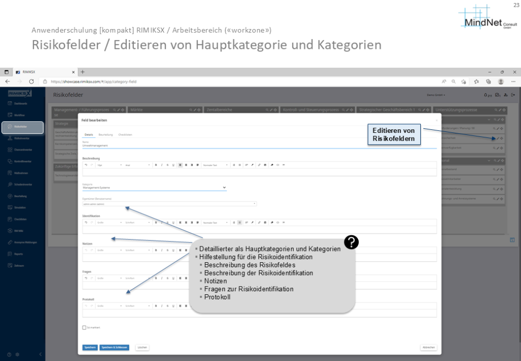 RIMIKSX Risikofelder: Verwaltung von Risikokategorien und -feldern durch Editieren, Verschieben und Filtern zur strukturierten Risikoidentifikation und Überwachung.