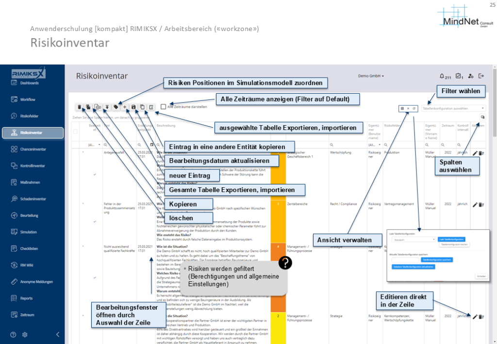 RIMIKSX Risikoinventar: Zentrale Erfassung und Verwaltung von Risiken, inklusive Bearbeitungsfunktionen wie Zuordnung, Kopieren, Löschen und Exportieren/Importieren von Tabellen.