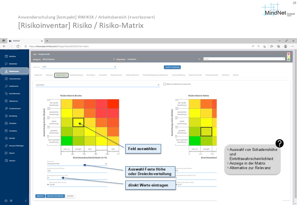 RIMIKSX Risiko-Matrix: Visuelle Darstellung der Risikoabschätzung mit Auswahl der Eintrittswahrscheinlichkeit und Schadenshöhe. Brutto- und Netto-Matrix zur Analyse der Auswirkungen.