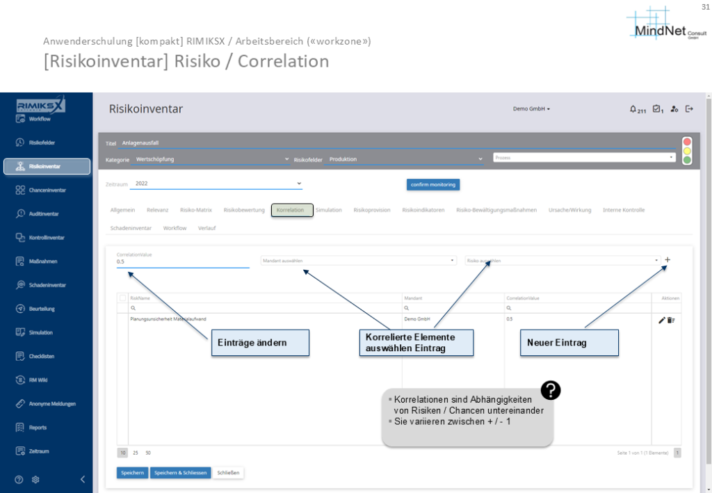 RIMIKSX Risikoinventar: Definieren und Bewerten von Korrelationen zwischen Risiken und Chancen mit der Möglichkeit, Einträge zu bearbeiten und neue Verknüpfungen hinzuzufügen.