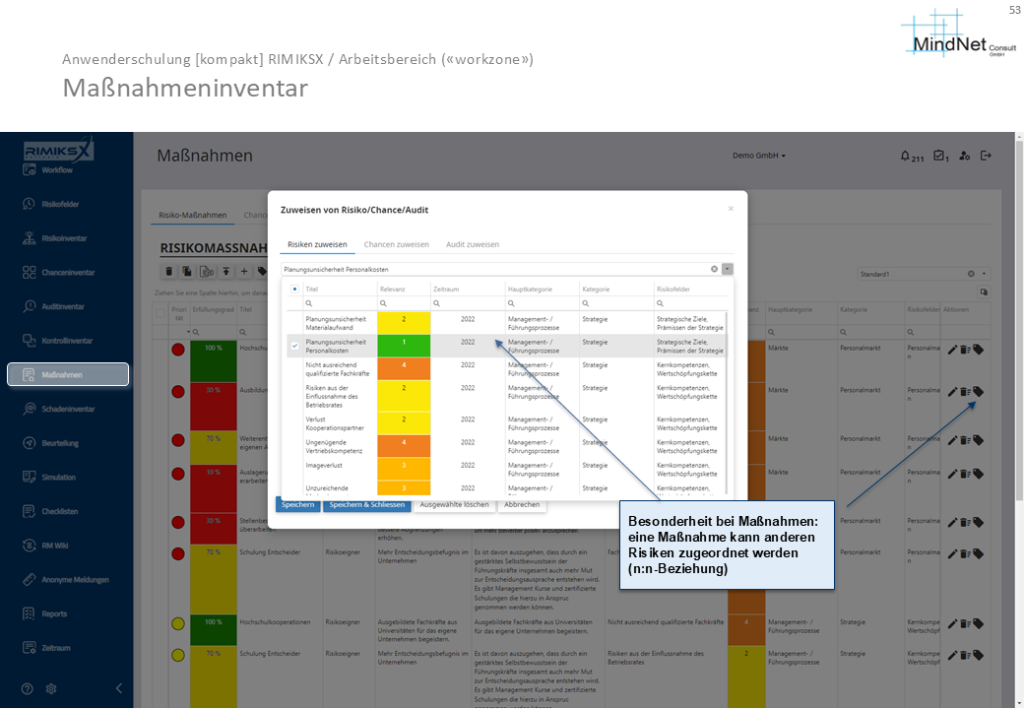 Screenshot der RIMIKSX-Anwendung im Maßnahmeninventar. Die Benutzeroberfläche zeigt das Fenster zur Zuordnung von Risiken, Chancen oder Audits zu Maßnahmen. Die Ansicht ermöglicht eine Mehrfachzuordnung, indem Maßnahmen mehreren Risiken, Chancen oder Audits gleichzeitig zugewiesen werden können.