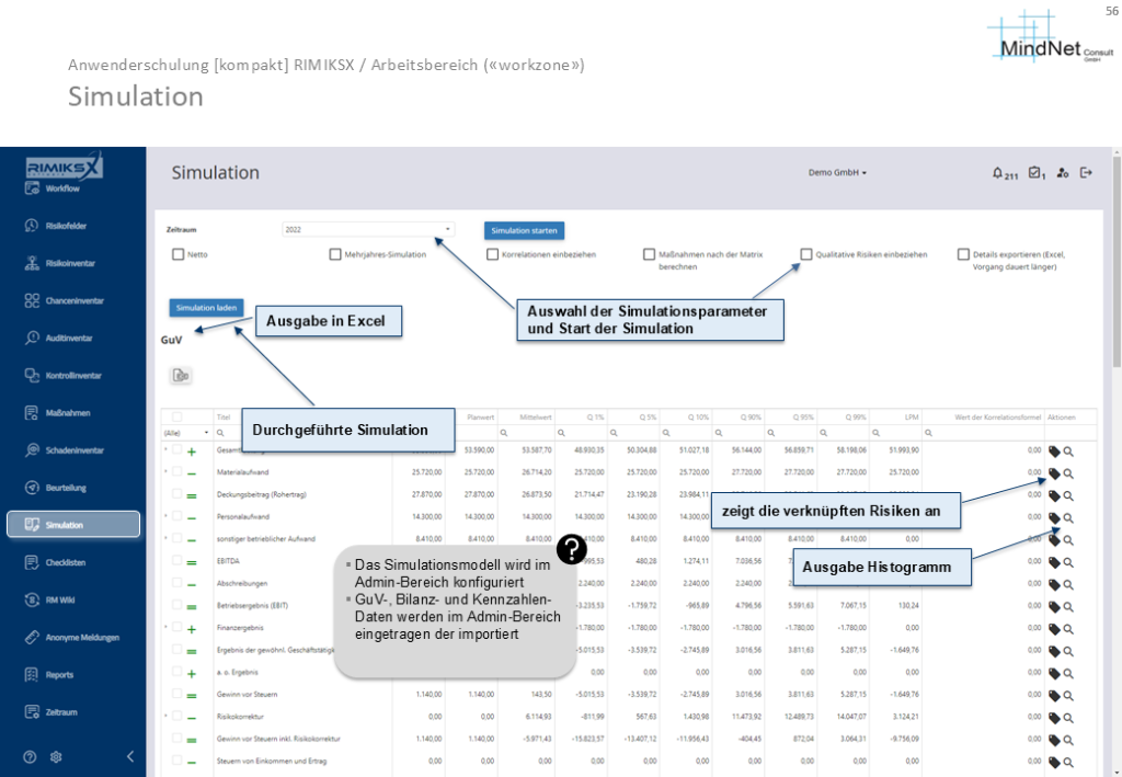 Screenshot der RIMIKSX-Anwendung im Bereich Simulation. Die Benutzeroberfläche zeigt Optionen zur Auswahl von Simulationsparametern, wie etwa die Einbeziehung qualitativer Risiken und die Konfiguration der Simulation. Die Ergebnisse werden tabellarisch dargestellt, und eine Excel-Ausgabe ist verfügbar. Eine Option zeigt die verknüpften Risiken an.