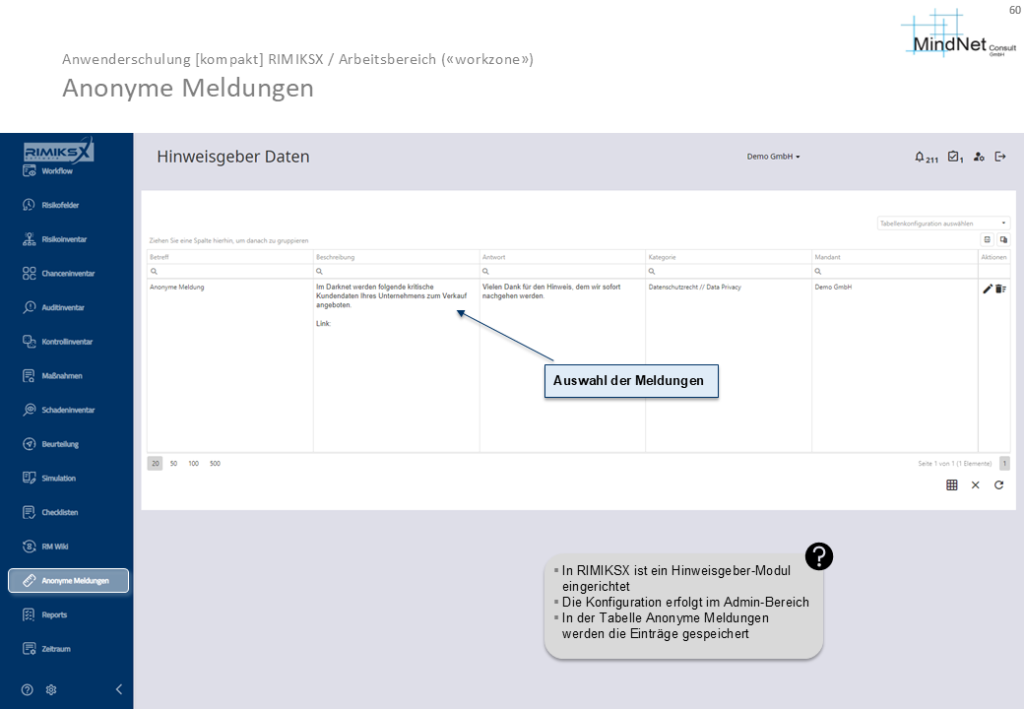 Screenshot der RIMIKSX-Anwendung im Bereich "Anonyme Meldungen". Die Benutzeroberfläche zeigt eine Tabelle, in der anonyme Hinweise dokumentiert werden, inklusive Betreff, Beschreibung, Antwort und Kategorie. Die Meldungen können ausgewählt und bearbeitet werden.