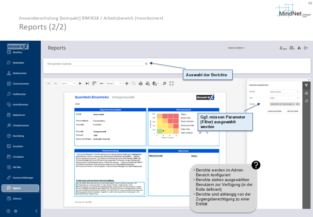 Screenshot der RIMIKSX-Anwendung im Bereich Reports. Die Benutzeroberfläche zeigt einen detaillierten Bericht über ein quantitatives Einzelrisiko mit allgemeinen Informationen, einer Risikobewertung in Form einer Heatmap und Maßnahmen. Nutzer können Berichte auswählen und Parameter festlegen, um die Berichtsansicht anzupassen.