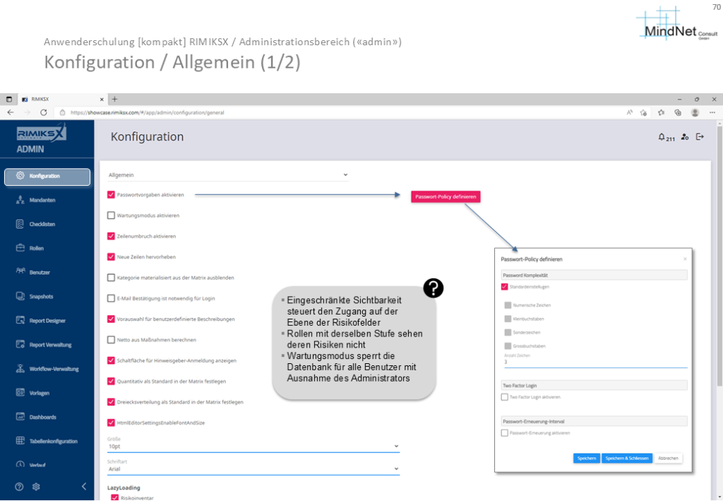 Die Folie zeigt die allgemeinen Konfigurationseinstellungen im RIMIKSX-Administrationsbereich, inklusive Passwortvorgaben und weiterer Optionen zur Anwendungskonfiguration.
