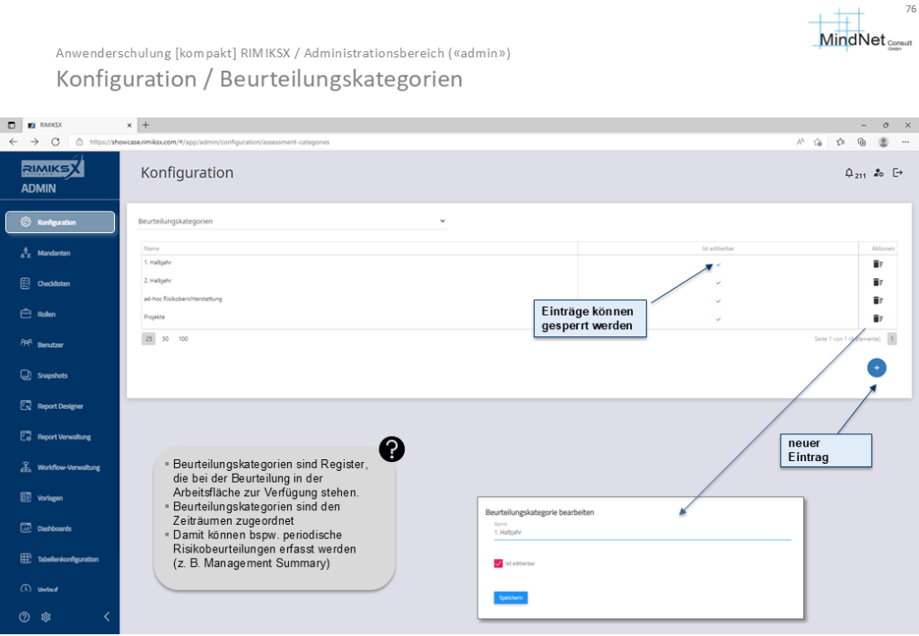 Die Folie zeigt den Konfigurationsbereich für Beurteilungskategorien im Administrationsbereich von RIMIKSX, inklusive Optionen zur Bearbeitung und Sperrung von Einträgen.