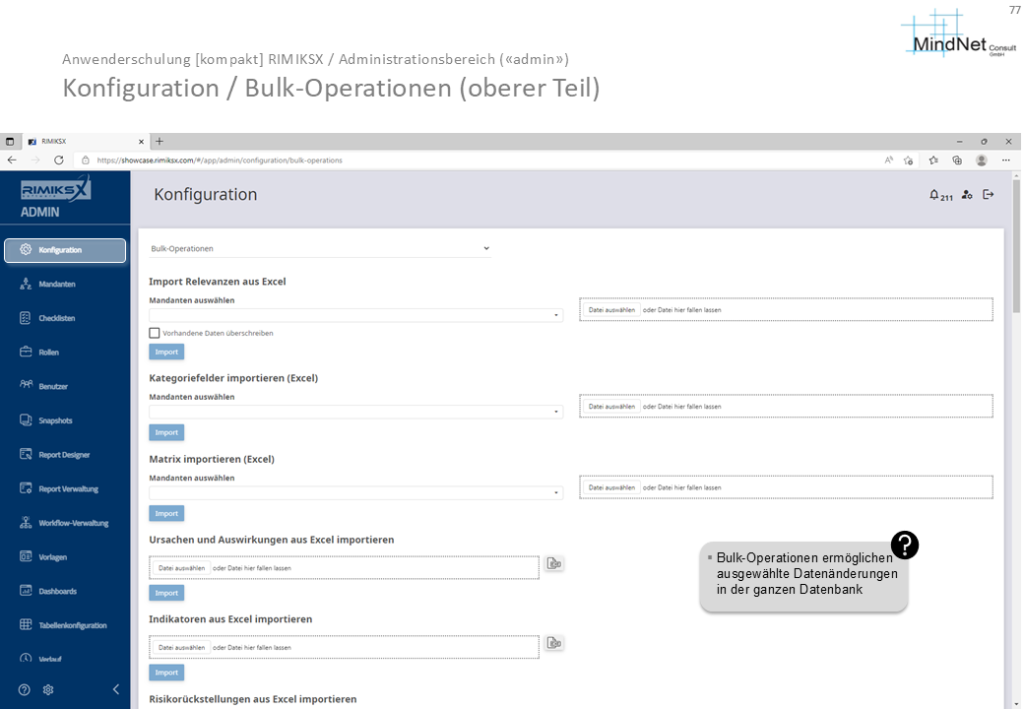 Die Folie zeigt den Konfigurationsbereich für Bulk-Operationen im Administrationsbereich von RIMIKSX, wo verschiedene Excel-Dateien hochgeladen werden können, um Daten zu importieren oder zu aktualisieren.