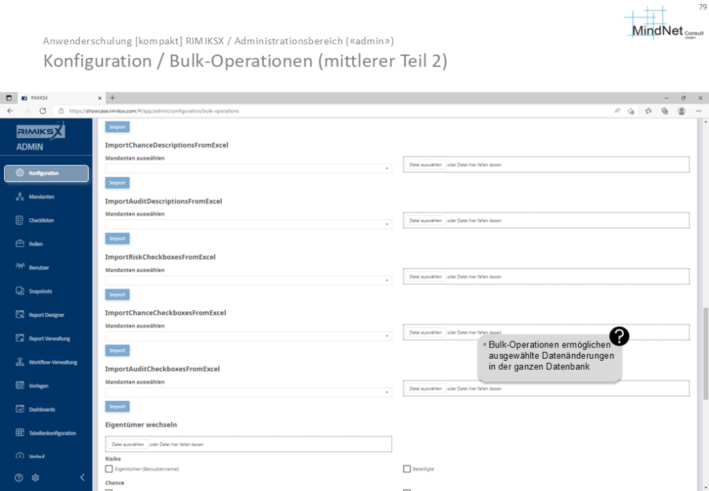 Der mittlere Teil des Bulk-Operationen-Bereichs in RIMIKSX zeigt Importmöglichkeiten für Beschreibungen und Checkboxen sowie die Funktion zum Wechseln der Eigentümer.