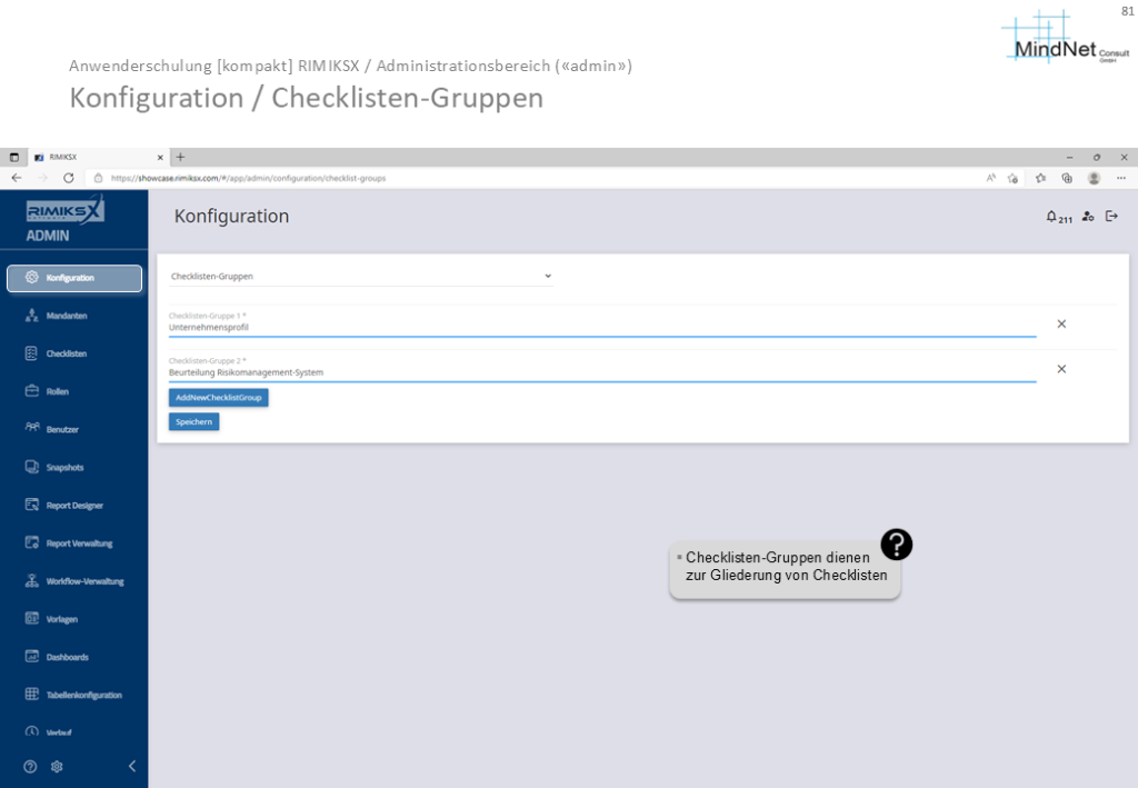 Screenshot des Administrationsbereichs «Konfiguration» in RIMIKSX mit Fokus auf die Verwaltung von Checklisten-Gruppen. Zeigt die Möglichkeit, verschiedene Gruppen wie «Unternehmensprofil» und «Beurteilung Risikomanagement-System» hinzuzufügen und zu speichern.