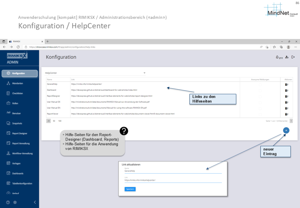 Bildschirmansicht des HelpCenters in RIMIKSX, der das Hinzufügen und Bearbeiten von Links zu Hilfeseiten zeigt.