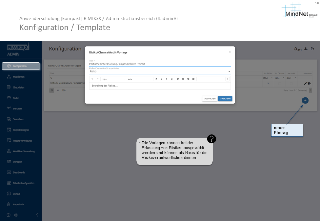 Konfigurationsbereich zur Erstellung und Bearbeitung von Risiko-, Chancen- und Auditvorlagen mit Optionen zur Anpassung und Strukturierung der Erfassung relevanter Informationen. Ein neuer Eintrag wird hinzugefügt, der das Format und die Details der Vorlage definiert.