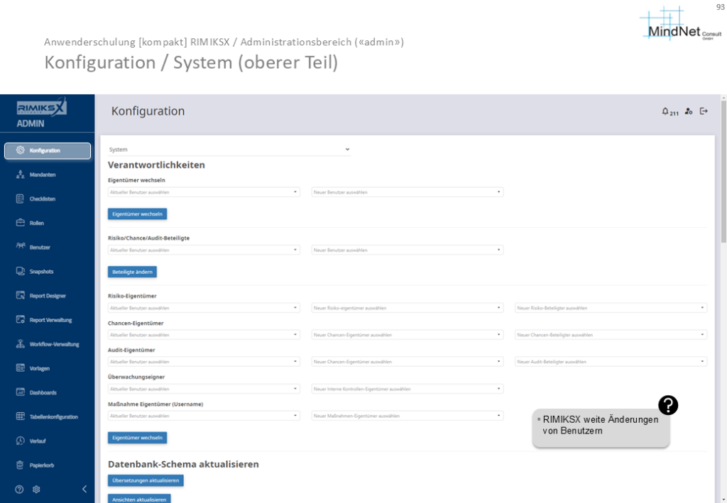 Systemkonfiguration mit Optionen zur Zuweisung und Änderung von Verantwortlichkeiten für Risikomanagement-Aufgaben sowie zur Aktualisierung des Datenbank-Schemas und der Übersetzungen.